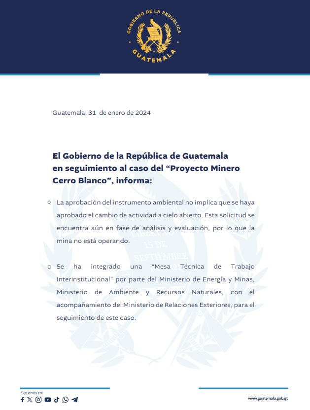 #Comunicado | En seguimiento al caso del “Proyecto Minero Cerro Blanco”, informamos a la opinión pública: